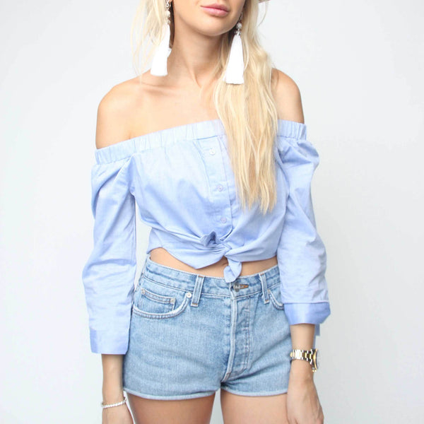 Blue Off Shoulder Cropped Shirt - Marble Hive