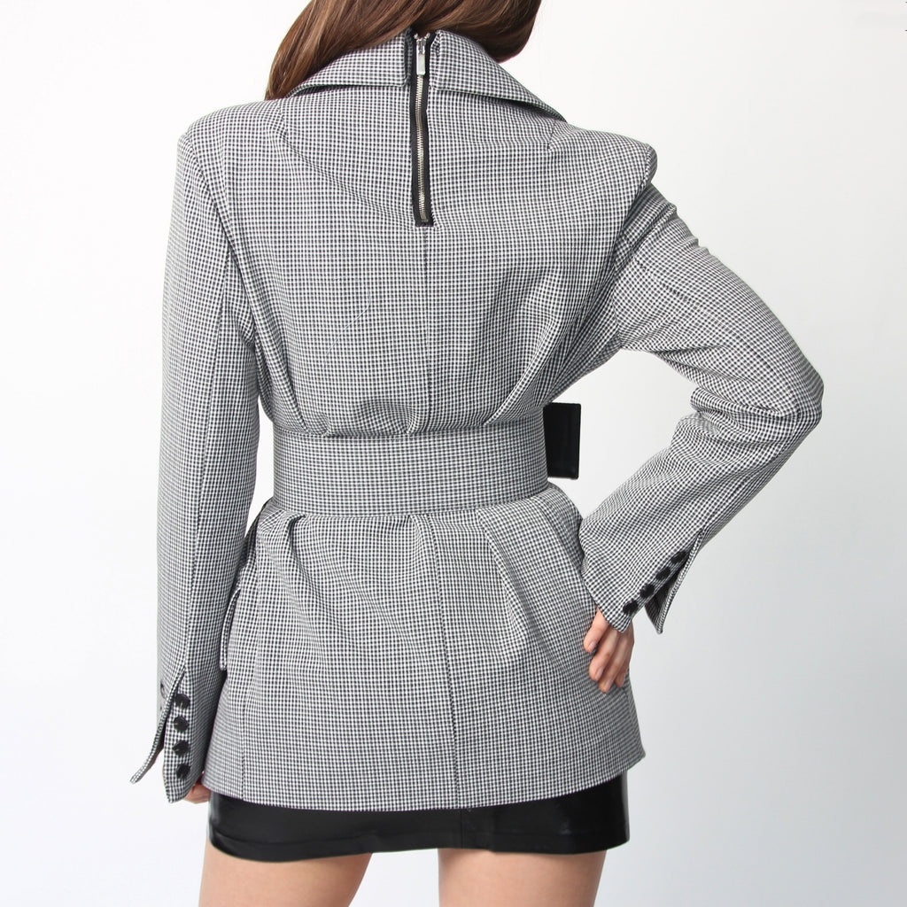 Black and White Check Belted Blazer - Marble Hive