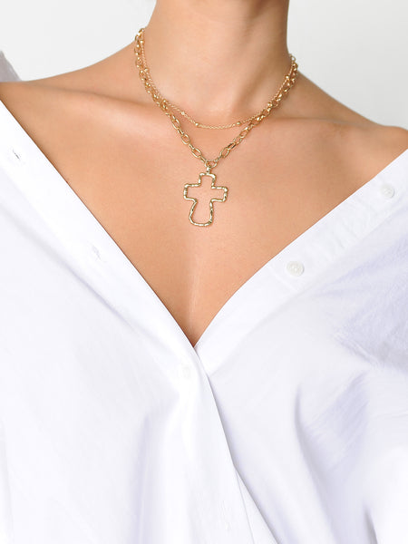 Golden Bezantine Cross Layered Necklace - Marble Hive