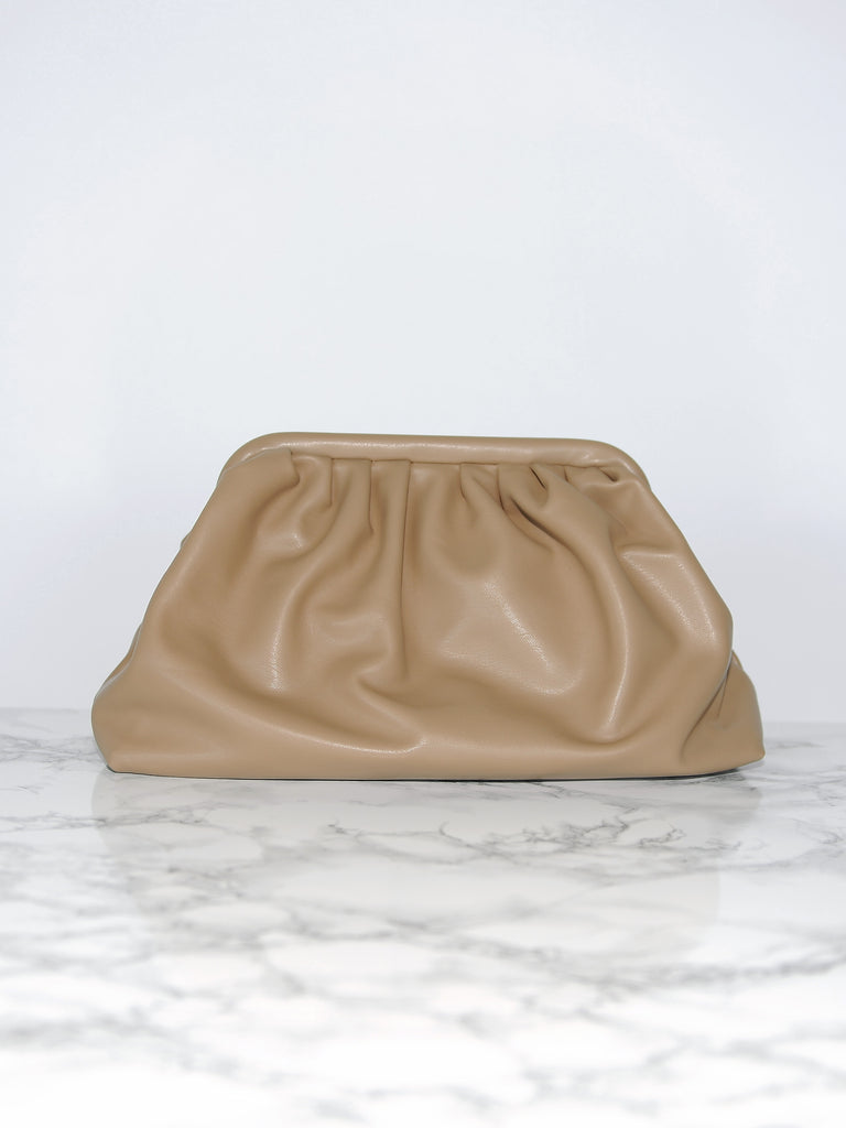 Camel Beige Leather Frame Clutch - Marble Hive