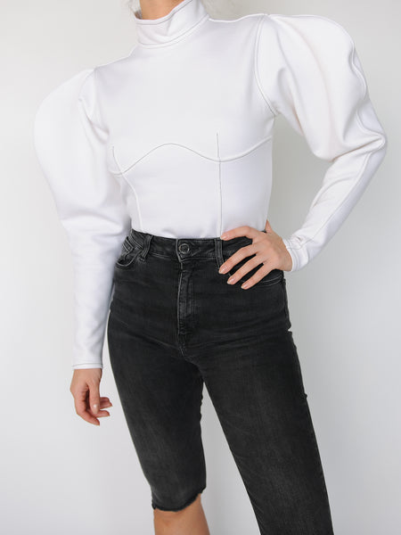 Contrast Stitch Corset Volume Sleeve Top - Marble Hive