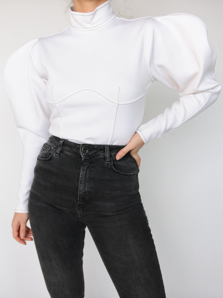 Contrast Stitch Corset Volume Sleeve Top - Marble Hive