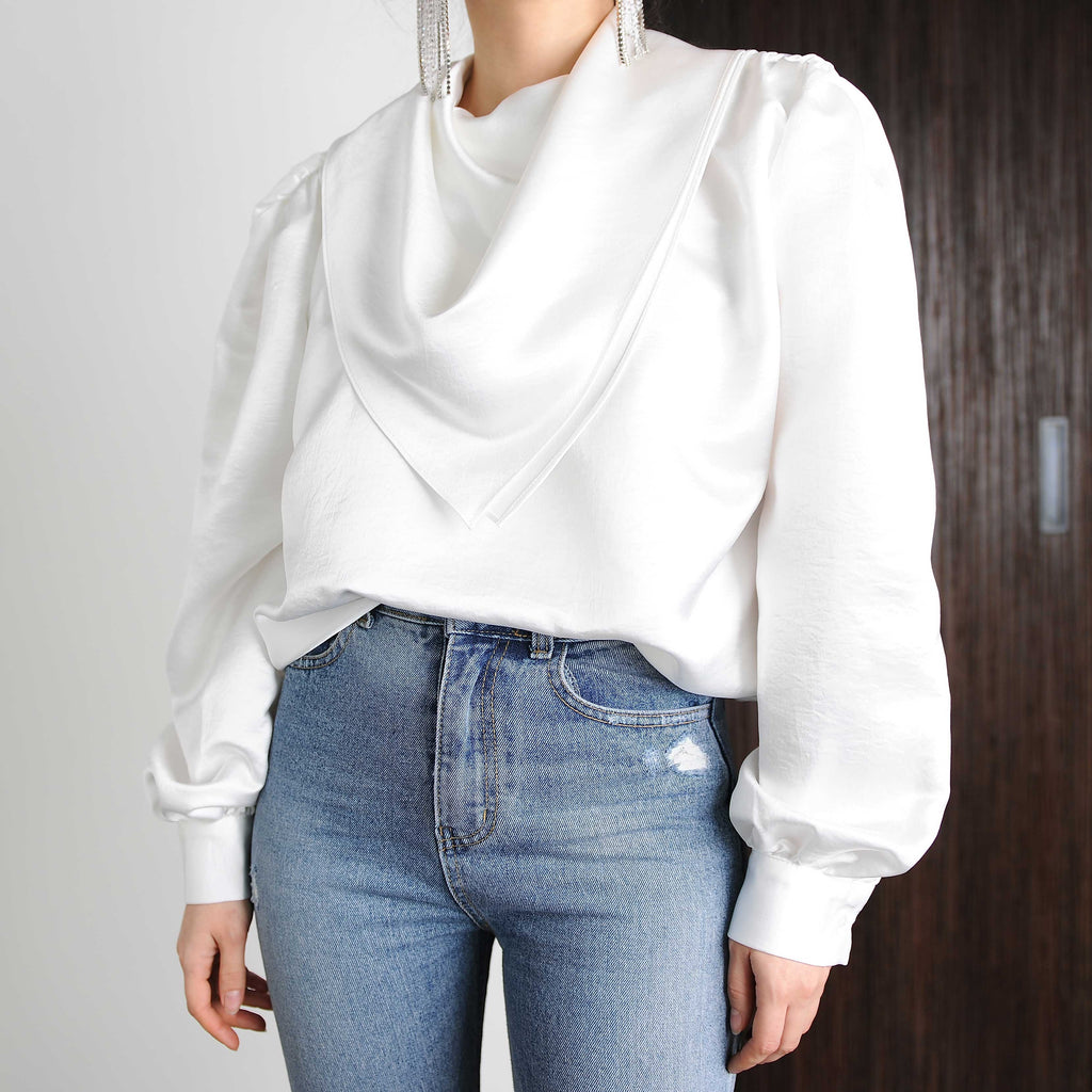 Ivory Silky Scarf Collar Blouse - Marble Hive