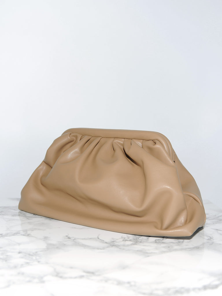Camel Beige Leather Frame Clutch - Marble Hive