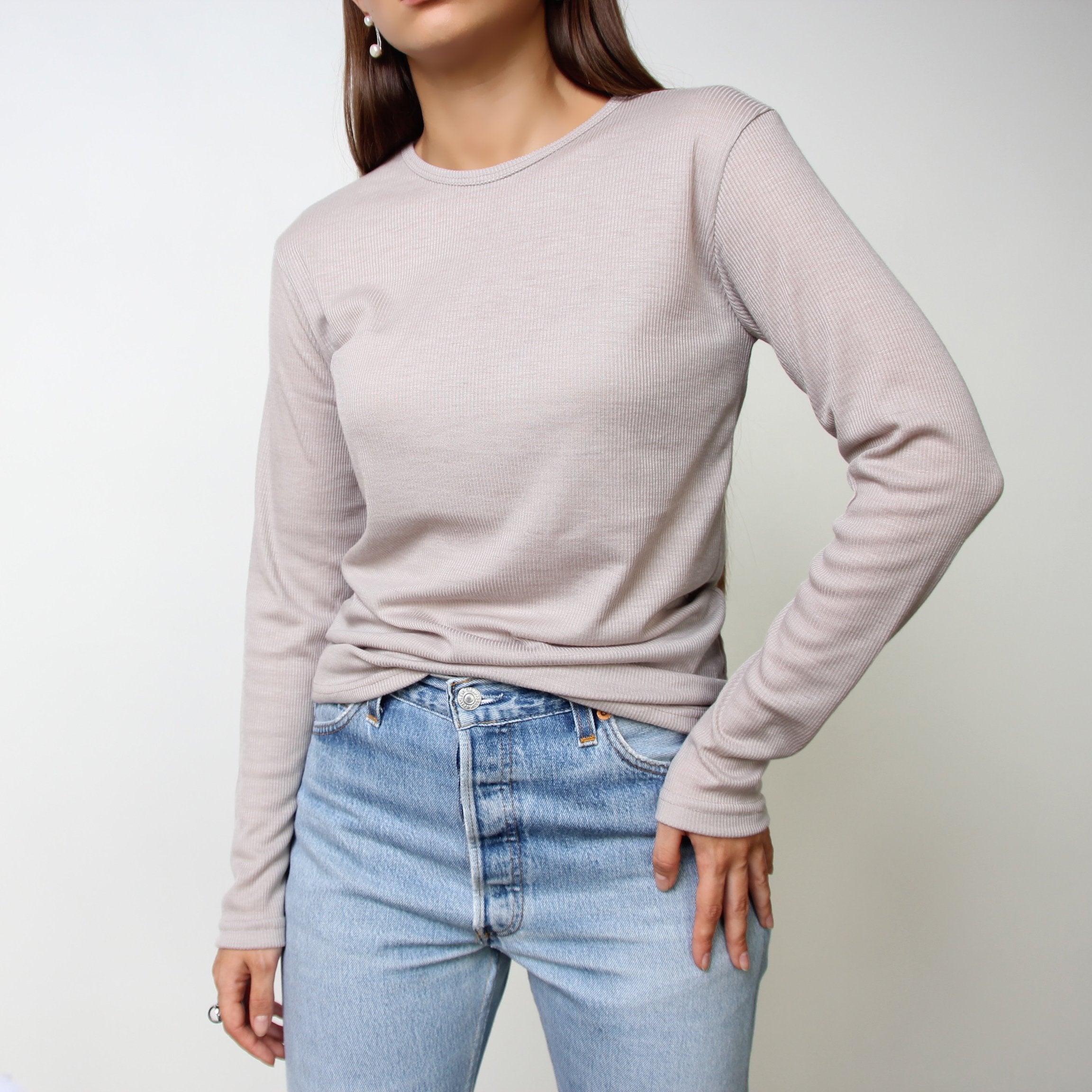 Womens - Ashby Long Sleeve Lace Hem Top in Soft Grey Marl