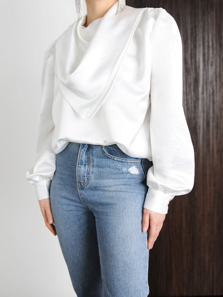 Ivory Silky Scarf Collar Blouse - Marble Hive